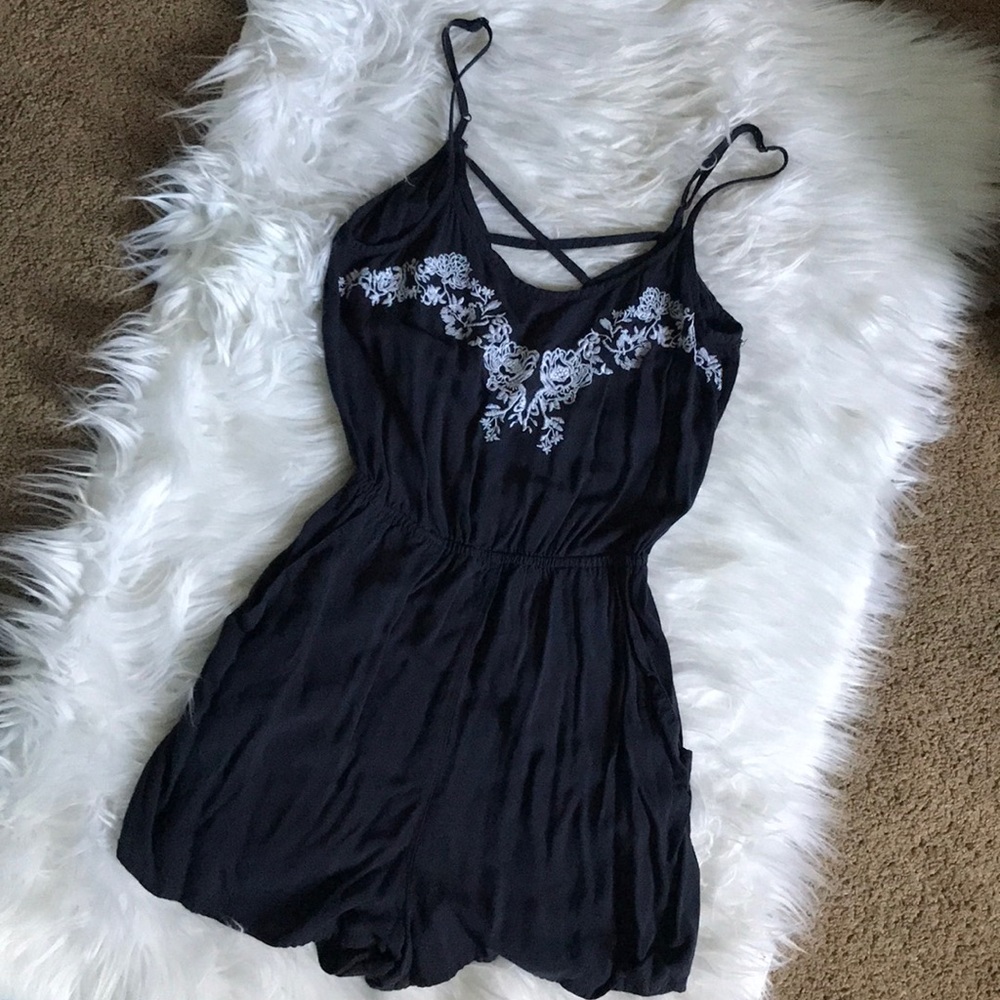 Blue lace back romper
